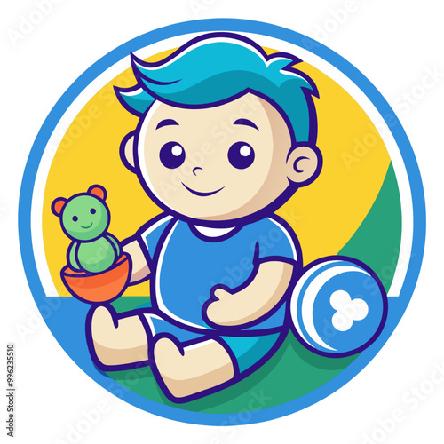 Playful Toddler with Toys: Adorable cartoon illustration of a happy baby boy playing with his toys. Perfect for children's products, websites, and educational materials.  