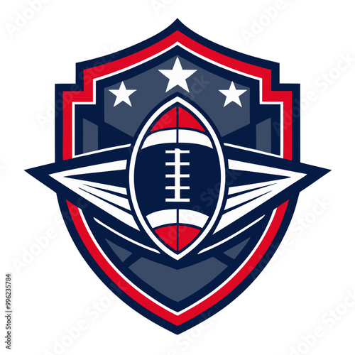 American Football Shield Emblem:  A bold and patriotic emblem featuring a classic American football within a shield design, complete with red, white.