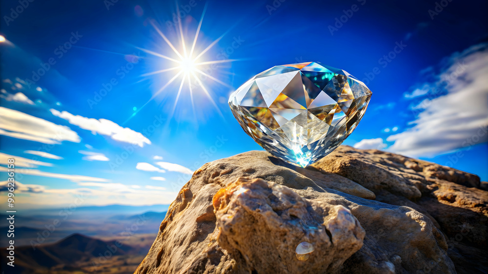 Fototapeta premium A stunning diamond rock against a vibrant blue sky , diamond, rock, shiny, crystal, precious, gem, nature, landscape, beauty