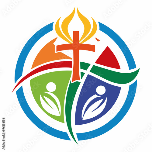Christian Faith Symbol: A vibrant and abstract logo representing the Christian faith, featuring a cross with a flame, surrounded by a colorful circle. The symbol embodies unity, community.