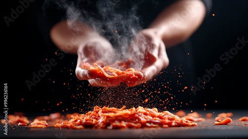 A chef creating plantbased bacon using rice paper and liquid smoke photo