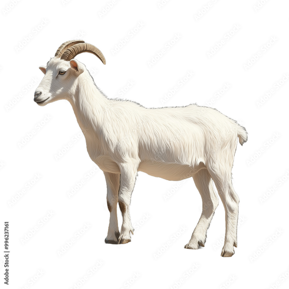 Obraz premium White goat standing on a transparent background showcasing long horns and detailed fur texture