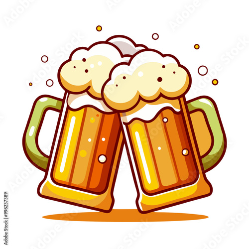 Cheers to Friendship: Two mugs of frothy beer clinking together in a celebratory toast, captured in a vibrant and cheerful cartoon style. Perfect for banners, websites, and social media. 