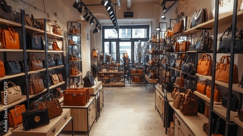 A spacious retail shop showcasing a wide variety of leather handbags and accessories, neatly arranged on glass displays.