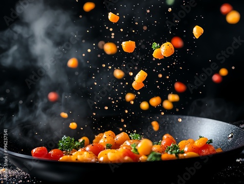 A chef using an antigriddle to instantly freeze drops of flavored oils photo