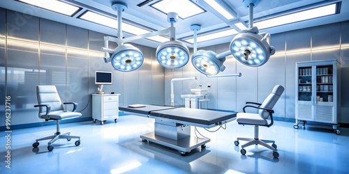 Bright surgical lights illuminating a modern operating room with an empty surgical table