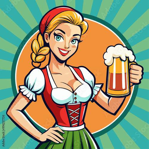 Cheers to Oktoberfest: A charming, vintage-style illustration of a Dirndl-clad woman proudly presenting a frothy beer stein. Perfect for celebrating the spirit of autumn and Bavarian traditions.