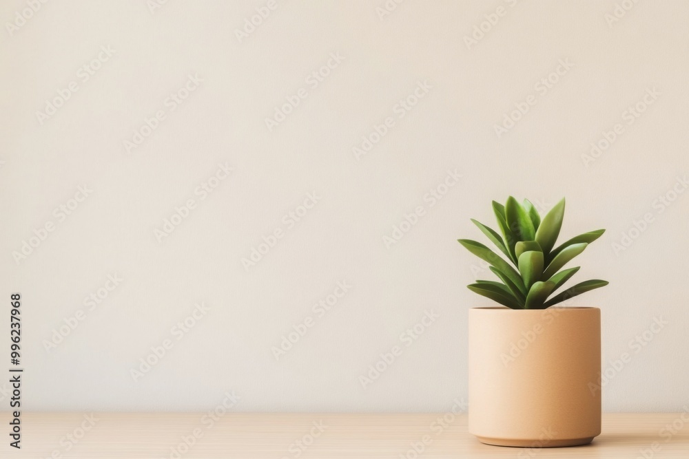 A simple succulent plant in a beige pot sits on a wooden surface against a light, neutral wall, adding a touch of greenery to the space. A simple succulent plant in a beige pot sits on a wooden surface against a light, neutral wall, adding a touch of greenery to the space.