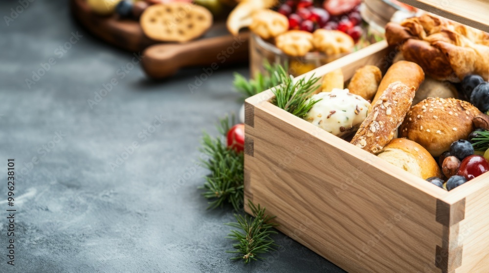 Fototapeta premium A wooden box filled with an assortment of baked goods and colorful fruits, complementing a cozy, festive atmosphere.