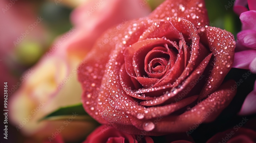 A close-up of a flower arrangement with water droplets artfully placed, creating a refreshing visual for events or celebrations, highlighting elegance and beauty. A close-up of a flower arrangement with water droplets artfully placed, creating a refreshing visual for events or celebrations, highlighting elegance and beauty.