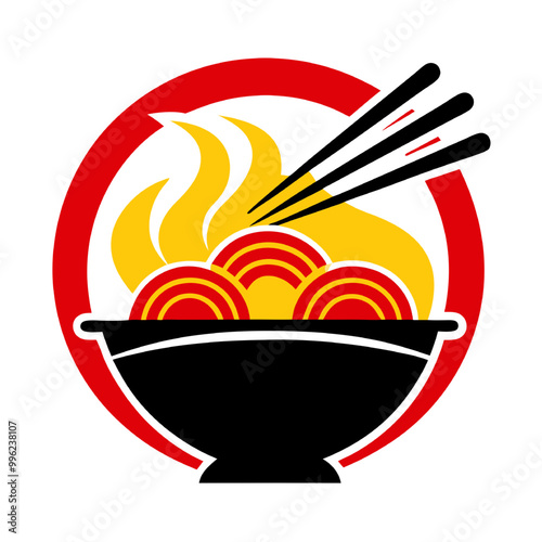 Spicy Ramen Noodles Icon: A vibrant and enticing icon featuring a steaming bowl of ramen noodles with chopsticks, perfect for food blogs, restaurant menus, and branding. 