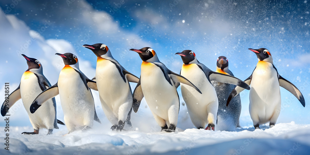 Fototapeta premium Playful penguins frolicking in the snow , penguins, snow, winter, cold, wildlife, animals, Antarctic, playful, cute, flippers