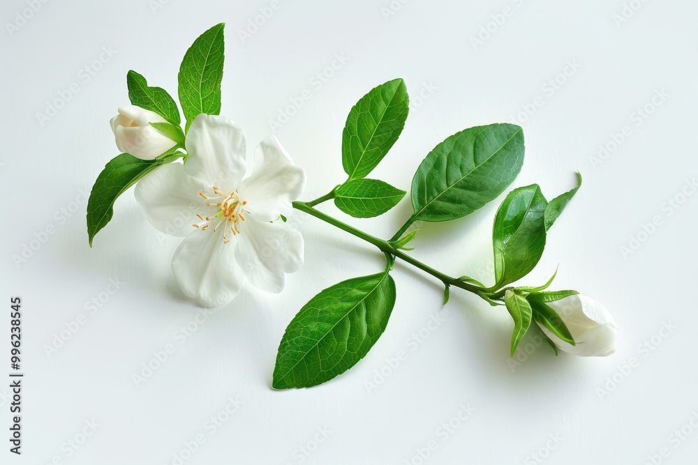 Fototapeta premium Isolated blooming jasmine flower with leaves on white background