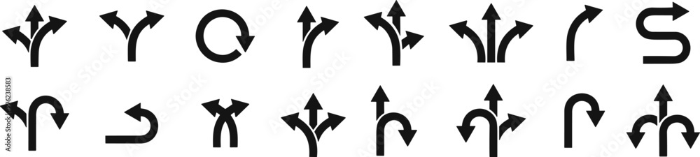 Road traffic direction arrows flat set. You-turn, left, right, two way, three way transportation direction arrow symbol. decision icon vector Road traffic direction arrows flat set. You-turn, left, right, two way, three way transportation direction arrow symbol. decision icon vector