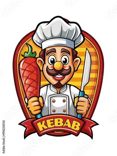 Kebab Chef Cartoon Mascot: A cheerful cartoon chef with a big smile and a mustache, holding a kebab and a knife, dressed in a chef's uniform and a white toque, with the word "KEBAB" in a ribbon.  