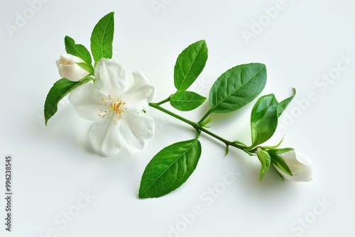 Isolated blooming jasmine flower with leaves on white background