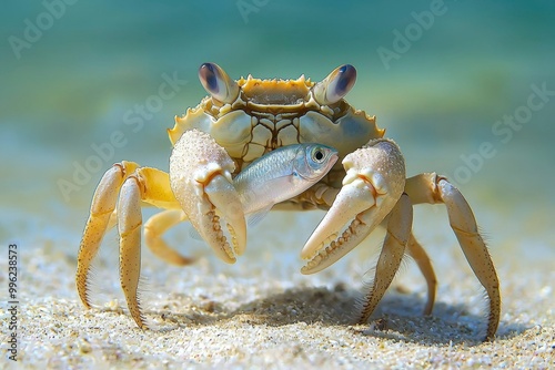 Crab holding a fish with its claws on a sandy bottom