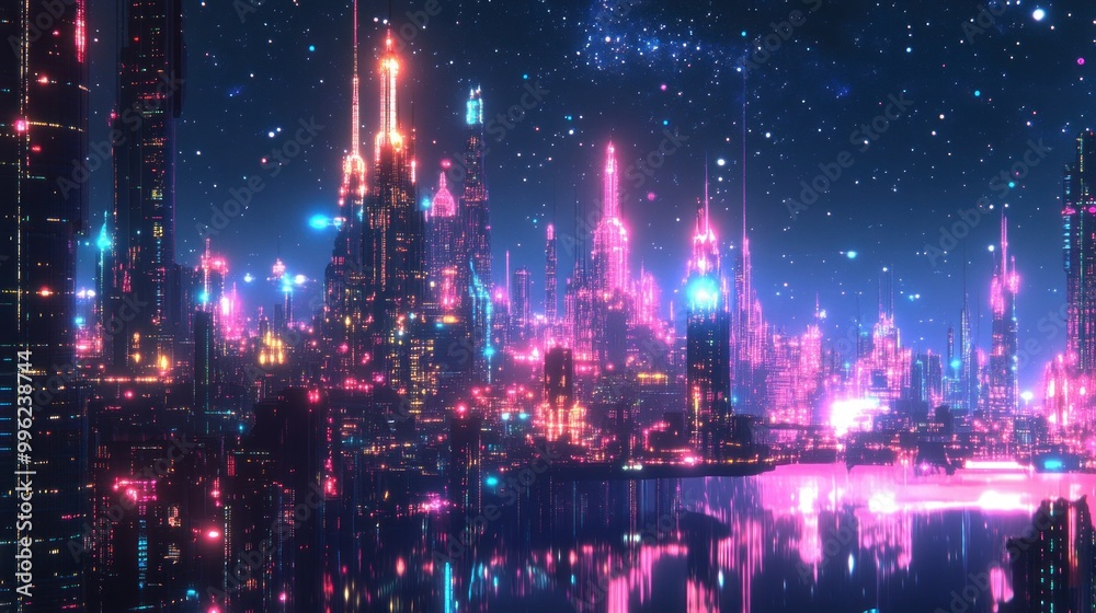 Fototapeta premium Futuristic Cityscape with Neon Lights Reflected in Water