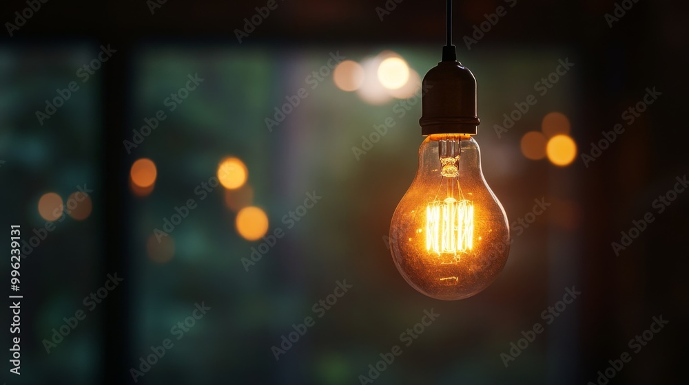 A close-up of a glowing incandescent light bulb hanging from a wire in a dimly lit room, casting warm light and creating a cozy atmosphere for relaxation. A close-up of a glowing incandescent light bulb hanging from a wire in a dimly lit room, casting warm light and creating a cozy atmosphere for relaxation.