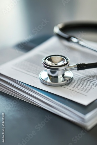 A stethoscope resting on a stack of medical documents, symbolizing healthcare and professionalism.