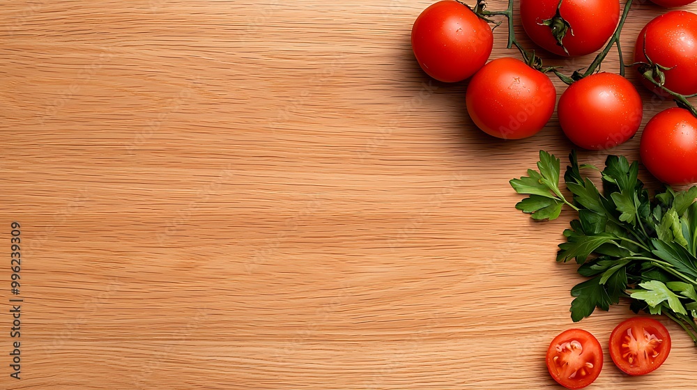 Fresh Tomatoes and Parsley on Wooden Cutting Board Fresh Tomatoes and Parsley on Wooden Cutting Board