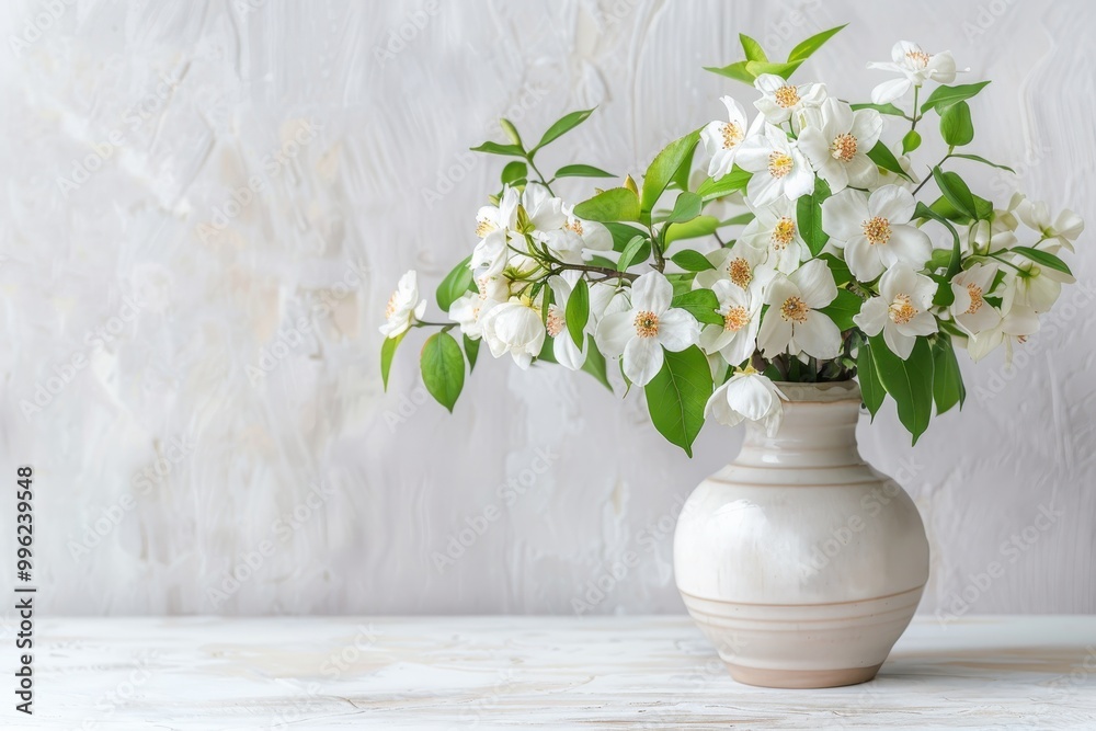 Jasmine flowers in ceramic vase on white table Copy space Interior decor Jasmine flowers in ceramic vase on white table Copy space Interior decor