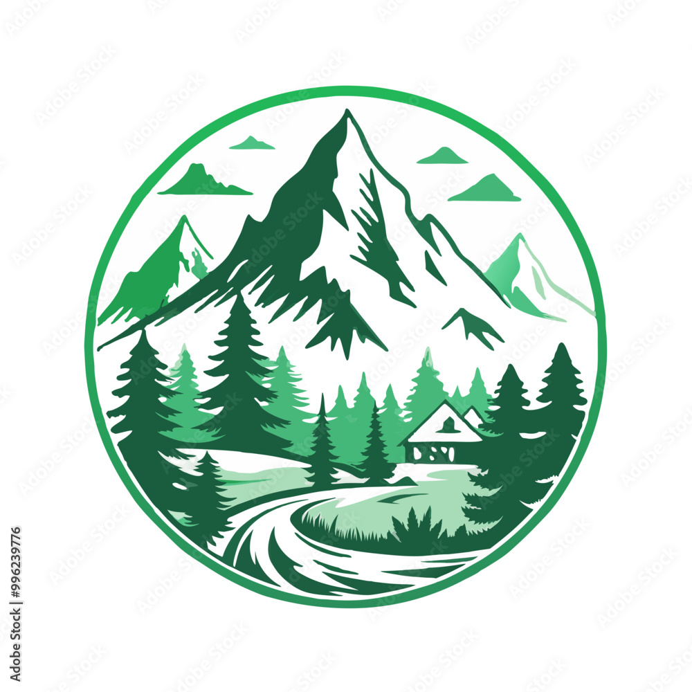 Fototapeta premium Green monochrome mountain landscape with cabin and pine trees, nature and adventure concept