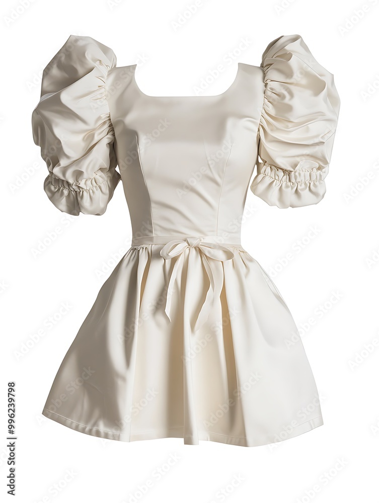 Obraz premium Elegant White Puff Sleeve Dress with Satin Bow.