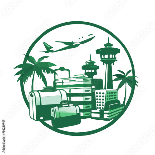 Luggage stacked near airport towers and planes in a travel logo design