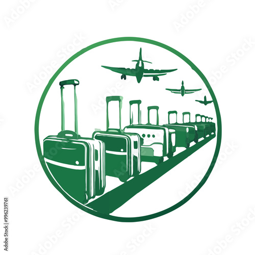 Luggage line at airport with planes in the sky in a travel logo design