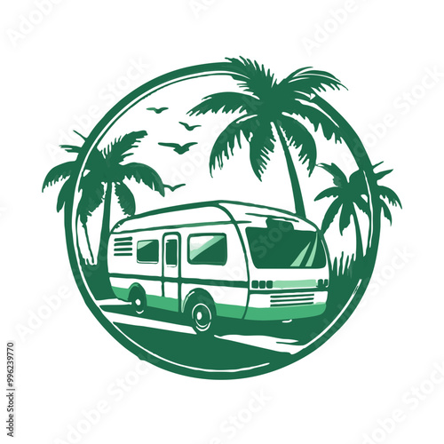 Camper van parked among palm trees in a tropical vacation logo design