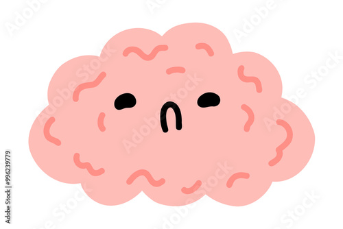 Kawaii sad depressive brain character. Adorable curious human brain with face. Cartoon character isolated on white background. Hand drawn symbols of healthy and depressive mind.