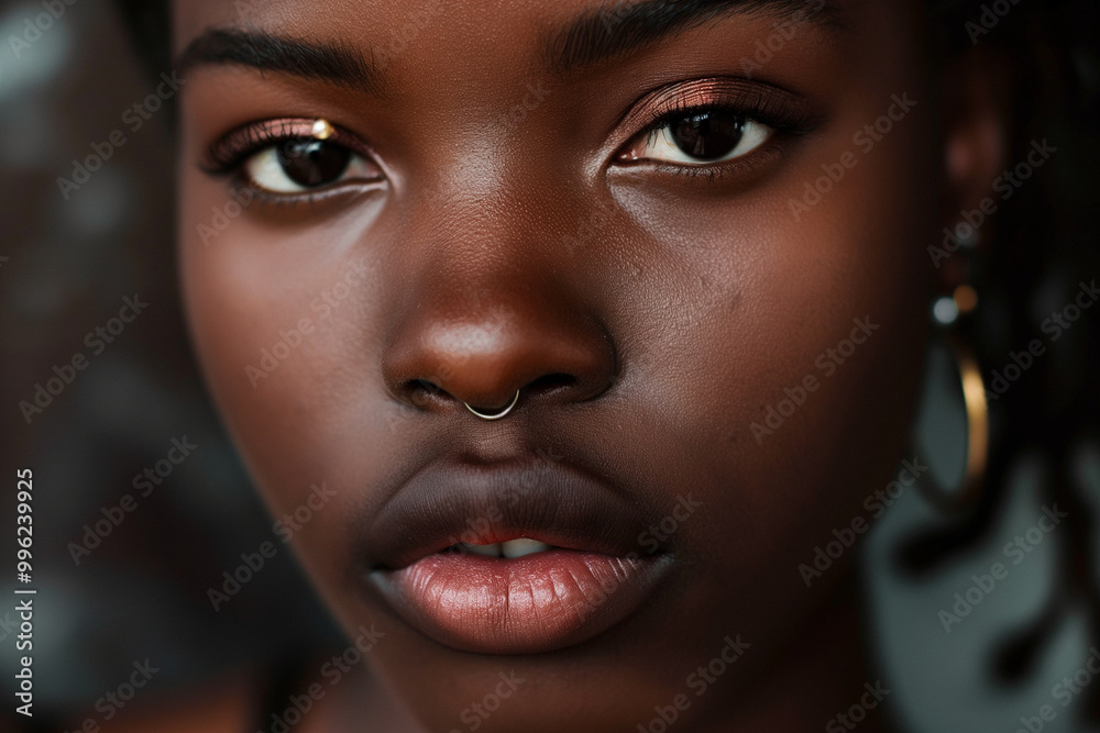 A woman with a nose piercing and dark skin A woman with a nose piercing and dark skin