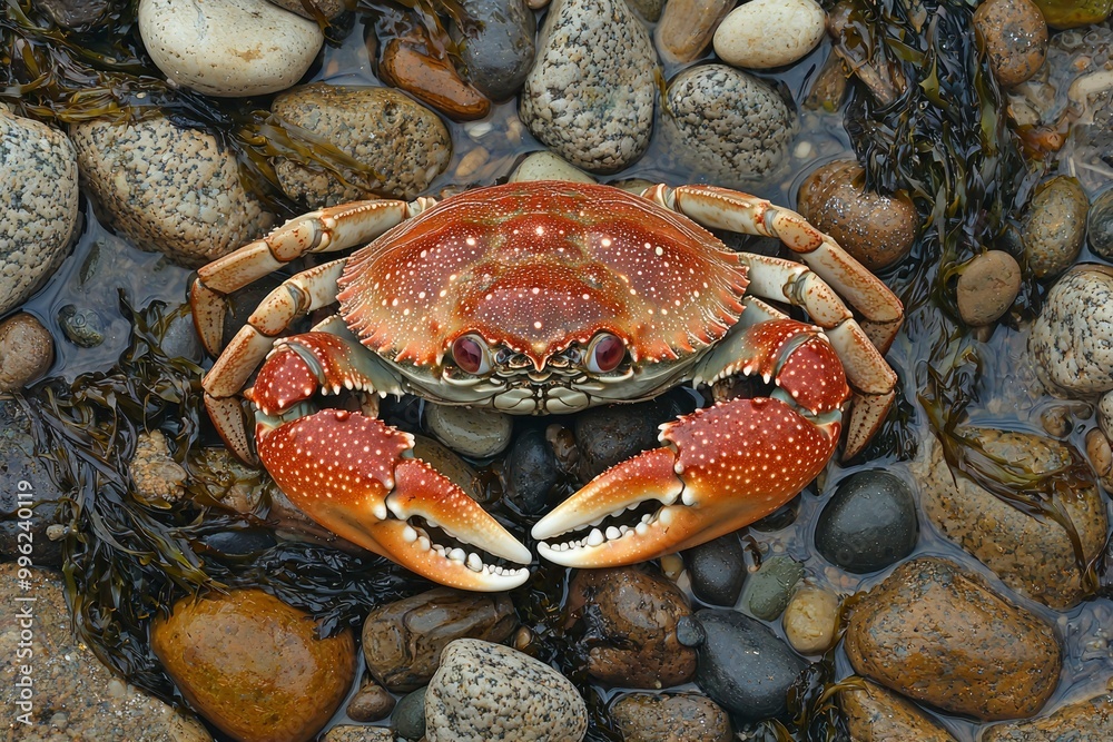 A Red-Spotted Crab Amongst Smooth Rocks and Seaweed A Red-Spotted Crab Amongst Smooth Rocks and Seaweed