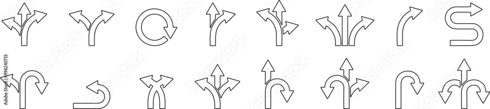 Road traffic direction arrows line set. You-turn, left, right, two way, three way transportation direction arrow symbol. decision icon vector Road traffic direction arrows line set. You-turn, left, right, two way, three way transportation direction arrow symbol. decision icon vector