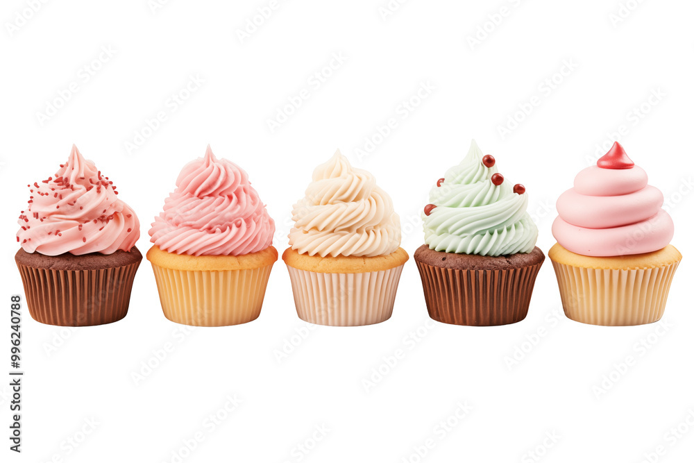Several cupcakes on transparent background. Pastry related themes. Bakery professions. Cupcake making. Buying and selling cupcakes. Images for graphic designers. Cookbook. Isolated cupcake. 