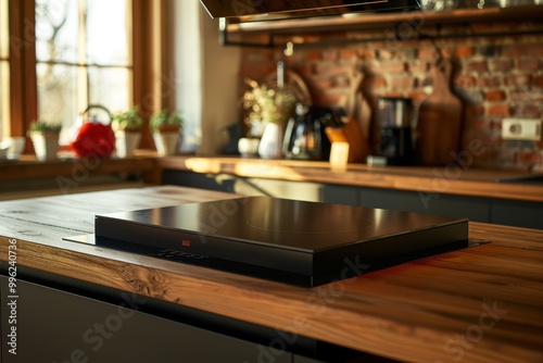 Modern black induction cooker stove on wood tabletop Stylish kitchen with decor and hood Great cooking space