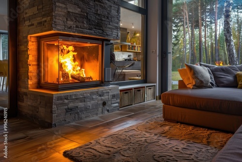 Modern living room with cozy wood burner stove fireplace photo