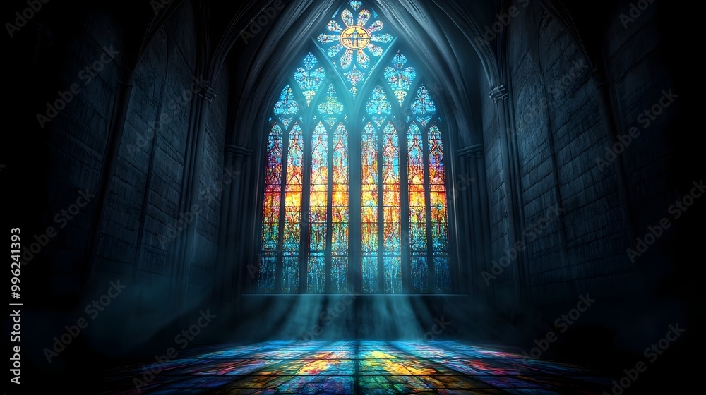 Glowing Stained Glass Cathedral Sanctuary in Vibrant Pointillistic Light