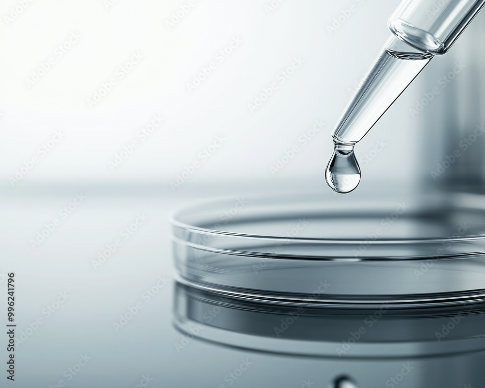 A dropper releasing a drop of liquid into a petri dish on a reflective surface, embodying a scientific and precise laboratory setting. A dropper releasing a drop of liquid into a petri dish on a reflective surface, embodying a scientific and precise laboratory setting.