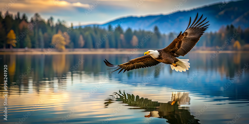 Obraz premium Eagle soaring low over calm lake , wildlife, bird, majestic, nature, flight, wings, feathers, water, reflection