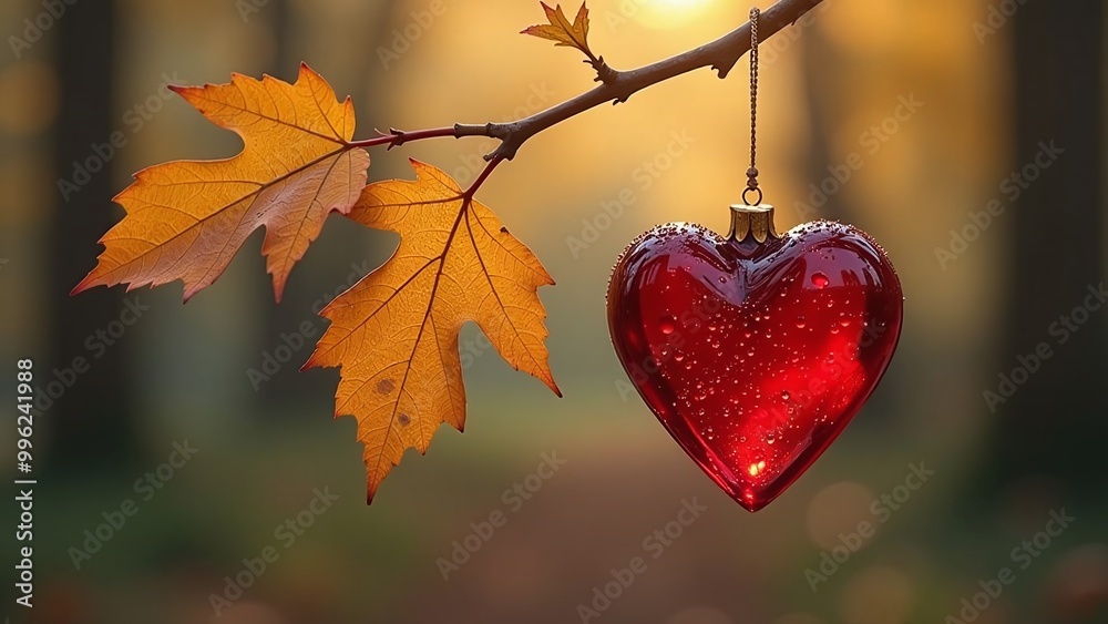Red heart hanging on a tree branch in autumn forest. Valentine's day concept Red heart hanging on a tree branch in autumn forest. Valentine's day concept