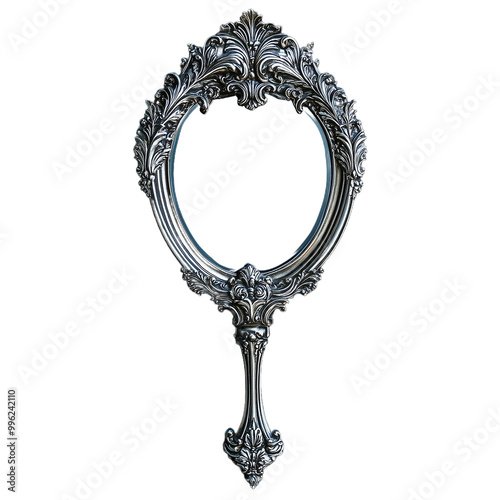 Ornate vintage handheld mirror frame with intricate floral design on a transparent background photo