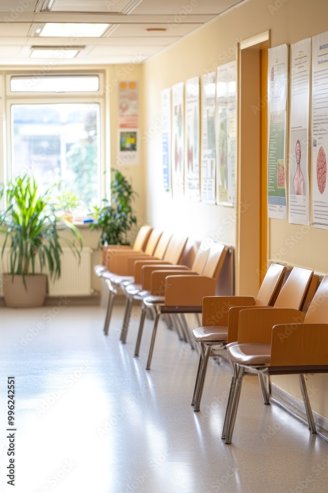 A bright and clean waiting area in a medical facility with chairs and informative posters. A bright and clean waiting area in a medical facility with chairs and informative posters.