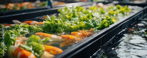 Koi fish and lettuce growing in a hydroponic system.