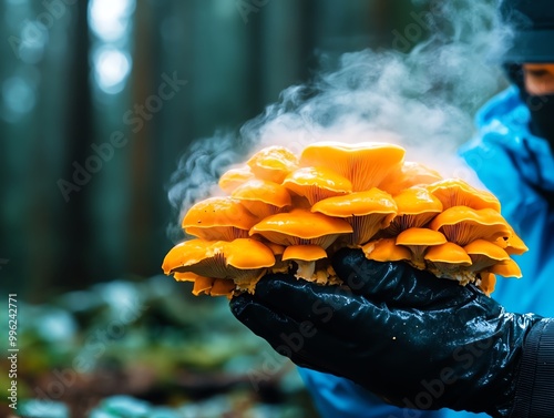 A forager carefully harvesting chanterelle mushrooms in a misty oak forest photo