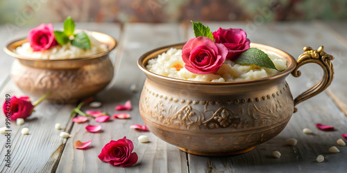 Rice pudding in ornate pot adorned with roses, dessert, food, rice, pudding, roses, floral, decoration, ornate, intricate