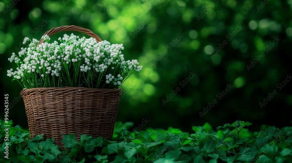 A foragers basket filled with wild garlic ramsons in a lush green forest A foragers basket filled with wild garlic ramsons in a lush green forest
