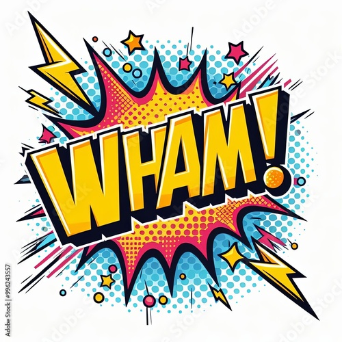 Comic book style speech bubble WHAM with dynamic explosion and vibrant colors, isolated on white background. Pop art illustration for poster, banner, or graphic design