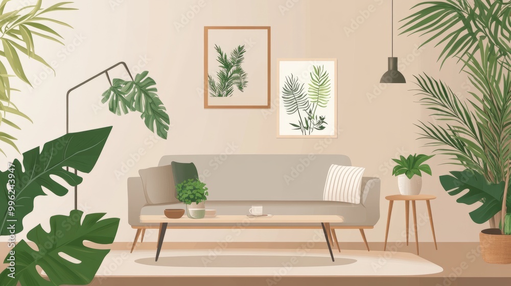 Interior of a living room with a cozy sofa, leafy green plants, and a simple, modern design that feels fresh and inviting. Interior of a living room with a cozy sofa, leafy green plants, and a simple, modern design that feels fresh and inviting.